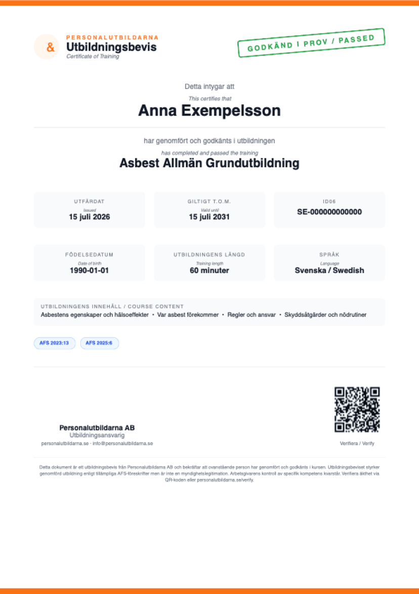 Exempel på utbildningsbeviset med ID06-nummer och QR-kod för verifiering